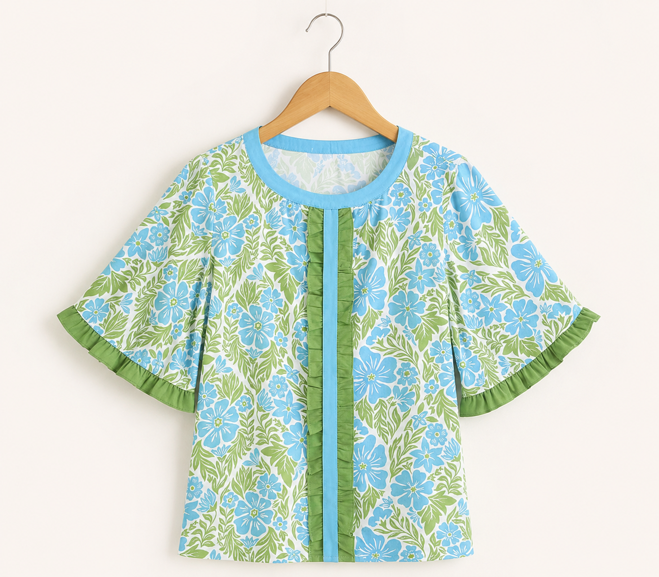 Sky Blue Floral Print Ruffled Top