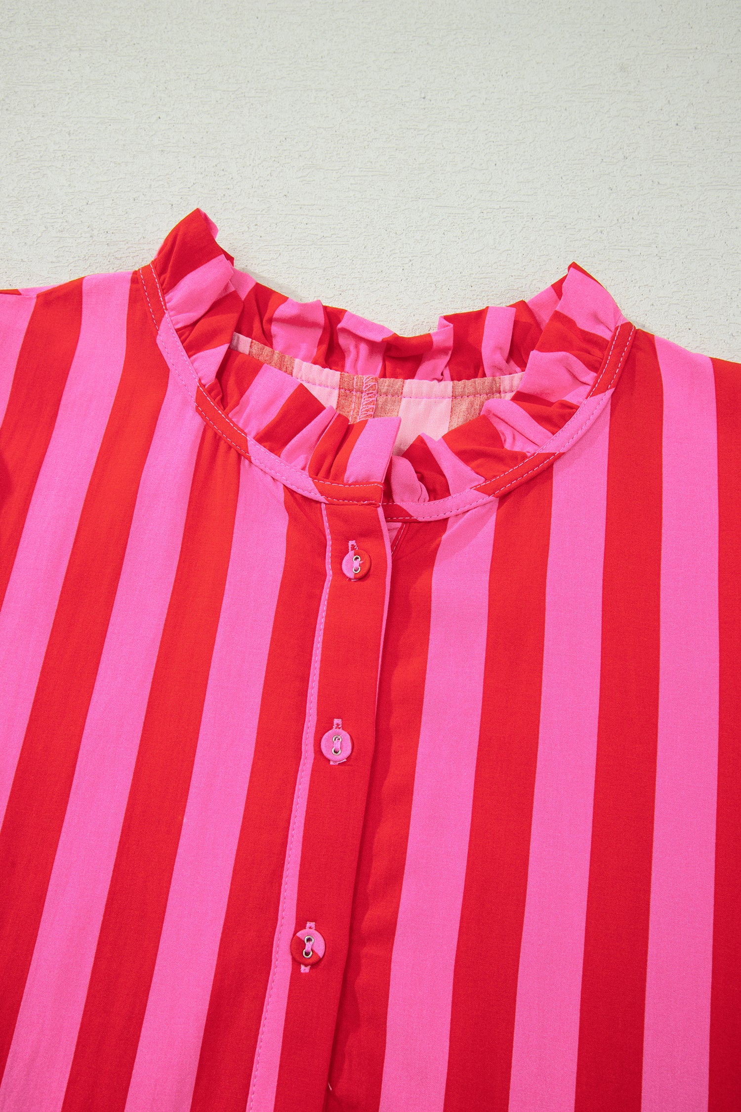 Rose Stripe Frilled Collar Button Neck Short Sleeve Curvy Mini Dress