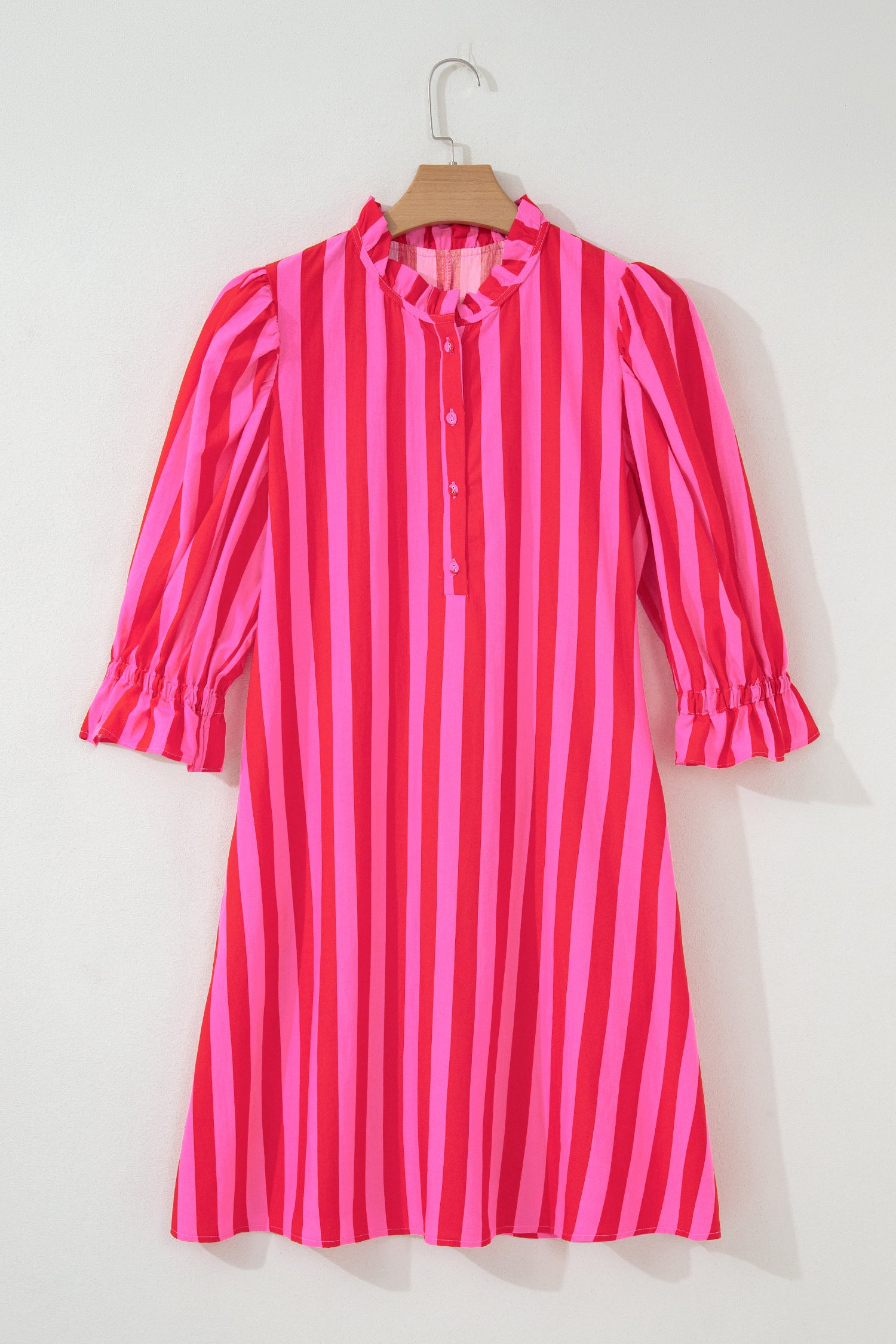 Rose Stripe Frilled Collar Button Neck Short Sleeve Curvy Mini Dress